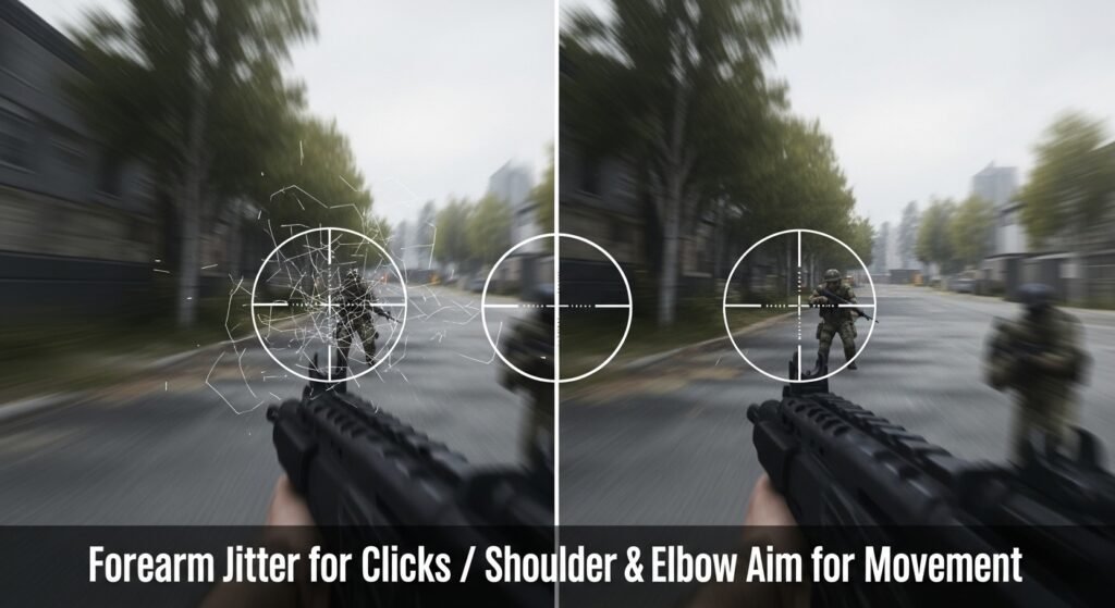 A split screen showing a video game POV: one side is chaotic, shaking aiming (bad technique), the other is smooth tracking with a target locked (good technique). Overlay text explaining the separation of forearm jitter (for clicks) and shoulder/elbow aim (for movement).