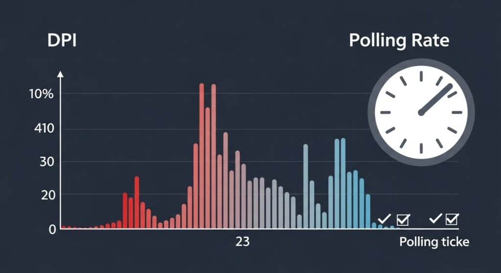 A graphic illustrating the difference between DPI and Polling Rate. DPI shown as distance, Polling Rate shown as rapid check marks or clock ticks.