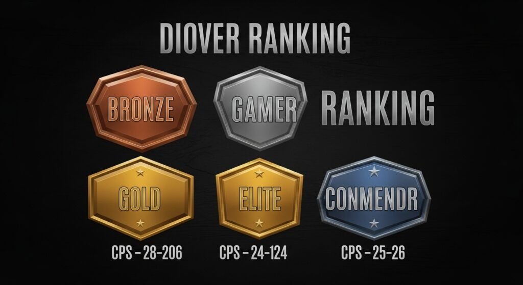 A video game-style ranking system shown as four distinct metallic badges: Bronze ("Casual"), Silver ("Gamer"), Gold ("Elite"), and Diamond ("Contender"), each with its corresponding CPS range underneath.