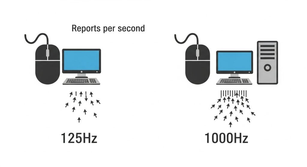 A simple, clear infographic showing a mouse icon sending reports (represented by small data packets or arrows) to a computer icon. One mouse is labeled "125Hz" with few arrows, and another is labeled "1000Hz" with a dense stream of arrows, visually explaining the concept of "reports per second."