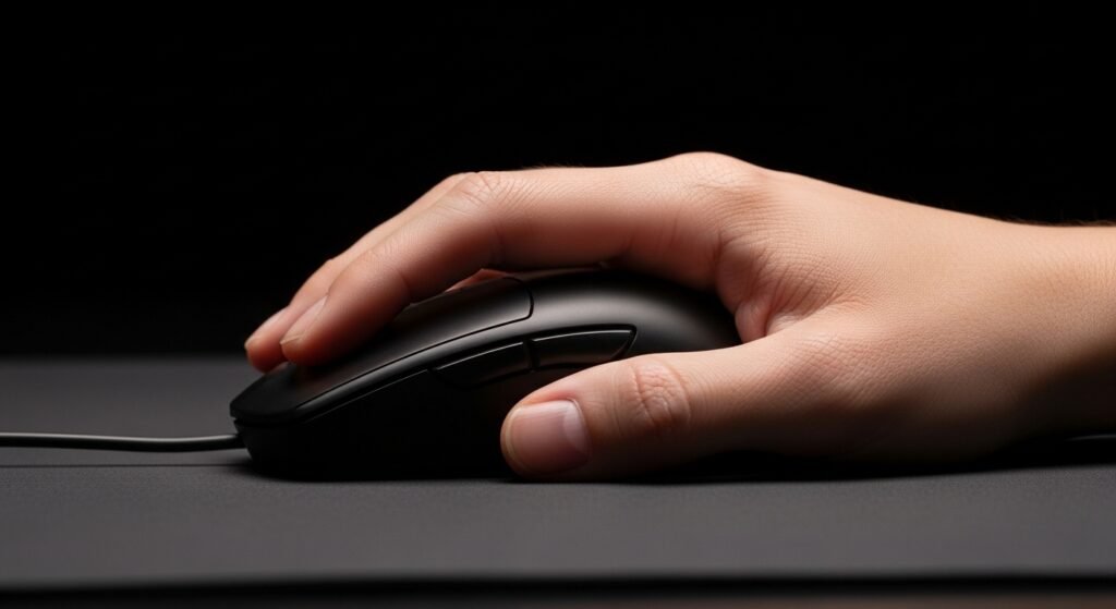 A side-profile shot of a hand on a mouse, clearly showing the arched fingers and the small point of contact where the back of the palm rests on the mouse, like a claw.