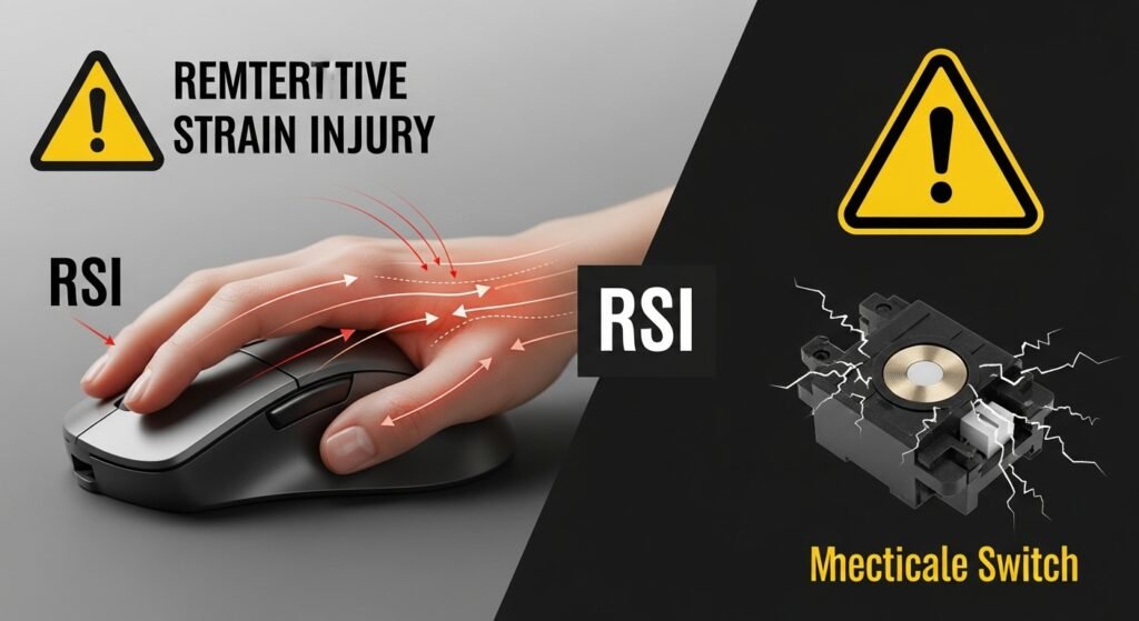 A warning graphic showing a hand resting on a mouse with lines indicating Repetitive Strain Injury (RSI) in the wrist, contrasted with a warning icon over a mechanical mouse switch that is physically cracked.