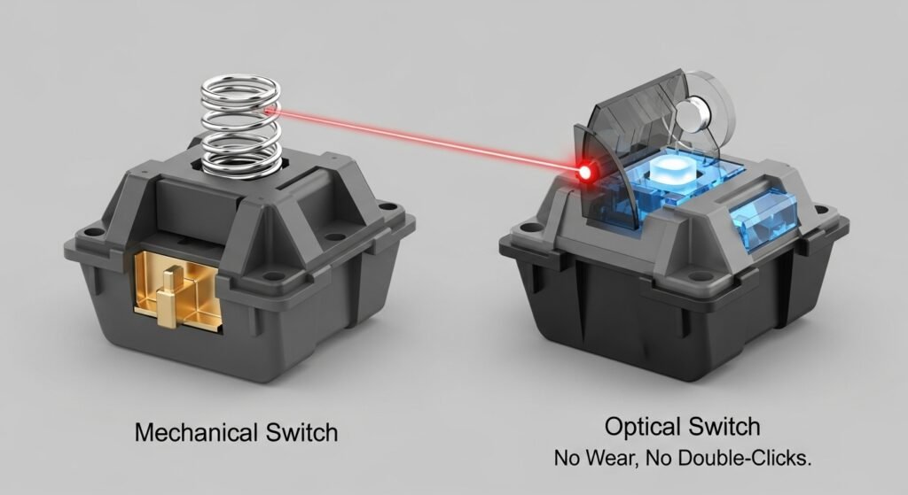 A side-by-side comparison. On the left, a traditional mechanical switch with a metal spring. On the right, a futuristic optical switch with a clear beam of light being interrupted by a shutter, labeled "No Wear, No Double-Clicks."