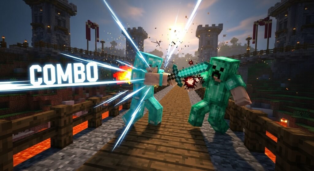 A dramatic, low-angle image of two Minecraft PvP players locked in intense combat on a bridge or in an arena, with energy lines radiating from the faster player, symbolizing a successful "combo."