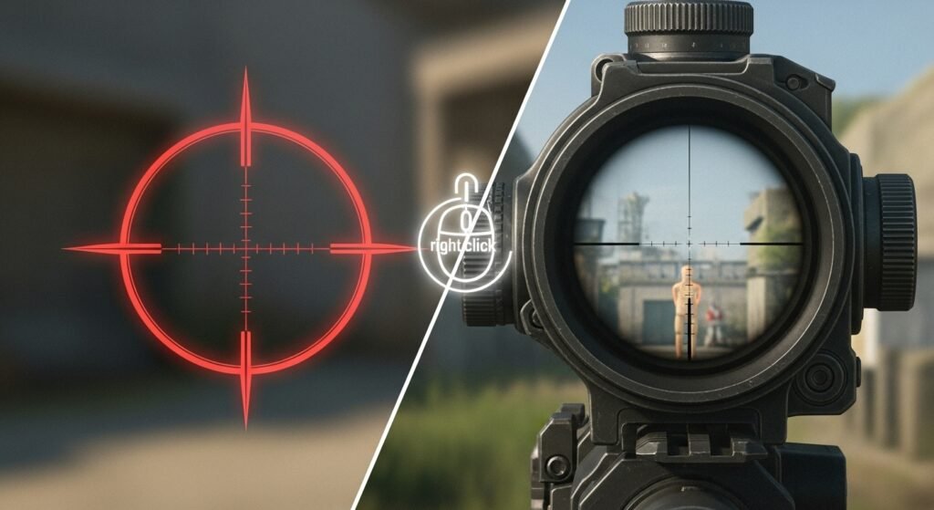 A first-person view from an FPS game. Show a blurred hip-fire crosshair (left side) instantly snapping into a tight, clear ADS scope (right side), with a stylized right-click icon flashing between the two states, emphasizing the speed of the "time to ADS."