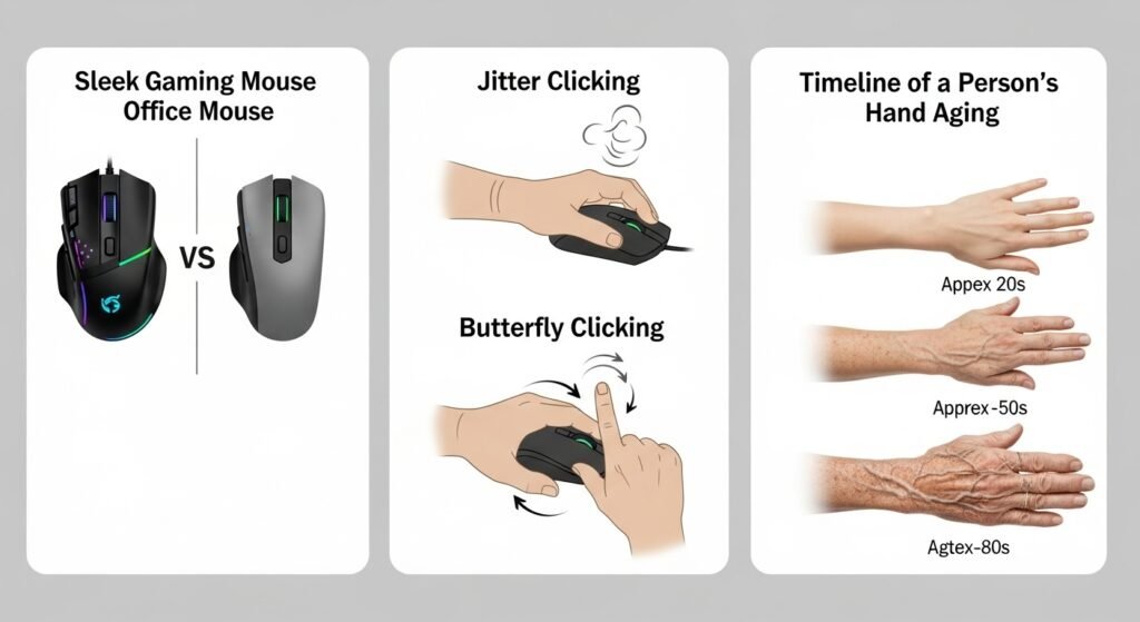 A three-panel infographic. The first panel shows a sleek gaming mouse vs. a basic office mouse. The second shows different hand positions for jitter and butterfly clicking. The third shows a timeline of a person's hand aging.