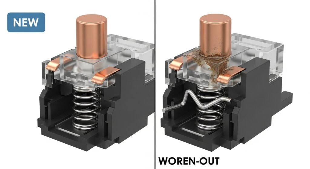 A detailed, 3D cutaway illustration of a mouse microswitch. One side shows a new, pristine switch, while the other side shows a worn-out switch with a corroded contact point and a bent metal spring.