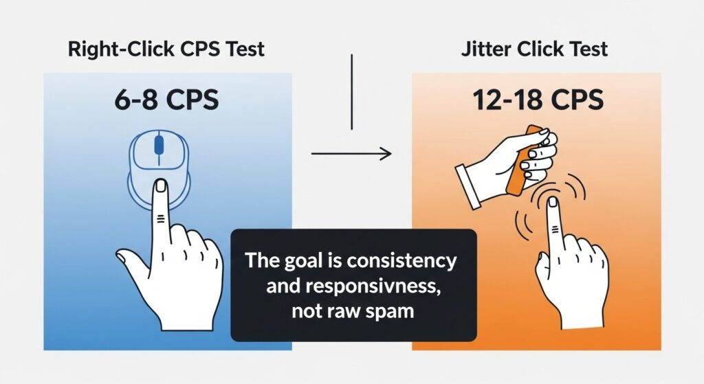 : An infographic or chart visually comparing the average CPS range for a Right-Click CPS Test (6-8 CPS) versus a Jitter Click Test (12-18 CPS), explaining that the goal is consistency and responsiveness, not raw spam.