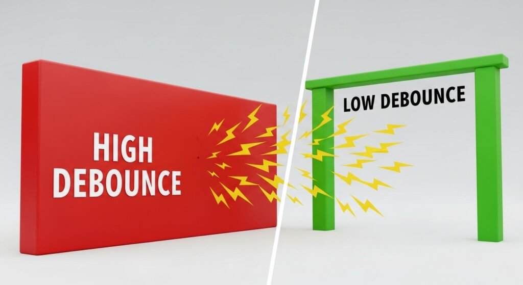 A simple visual comparison. On one side, a series of rapid clicks (lightning bolts) hit a red barrier labeled "High Debounce," and only a few pass through. On the other side, the same clicks easily pass through a green gate labeled "Low Debounce."