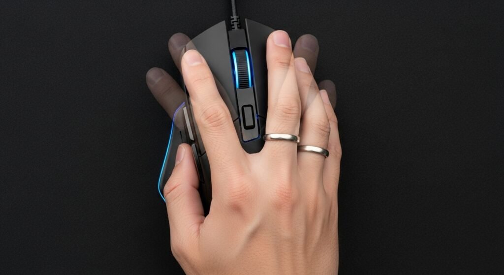 A top-down view of a hand on a gaming mouse. The index and middle fingers are shown in a slight motion blur, alternating taps on the left mouse button, clearly demonstrating the two-finger technique.