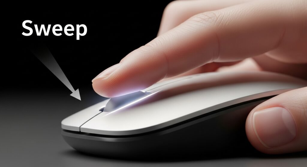 A close-up instructional image showing the "sweep" motion. The image should focus on the flat pad of the finger starting at the top edge of the mouse button, with a faint motion blur or glowing line indicating the downward sweep.