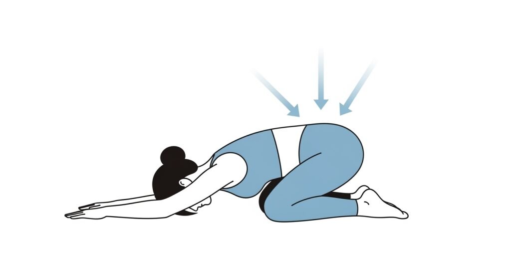 A clean, minimalist illustration showing the "Prayer Stretch" position, with arrows indicating the downward motion toward the waist to create the stretch.