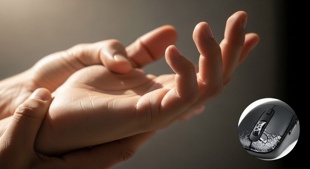 A subtle image of a hand performing a gentle wrist stretch (e.g., finger tendon glides) with a soft, warm light, contrasting with a small, blurred image of a mouse with a cracked or worn-out switch, symbolizing the two major risks.