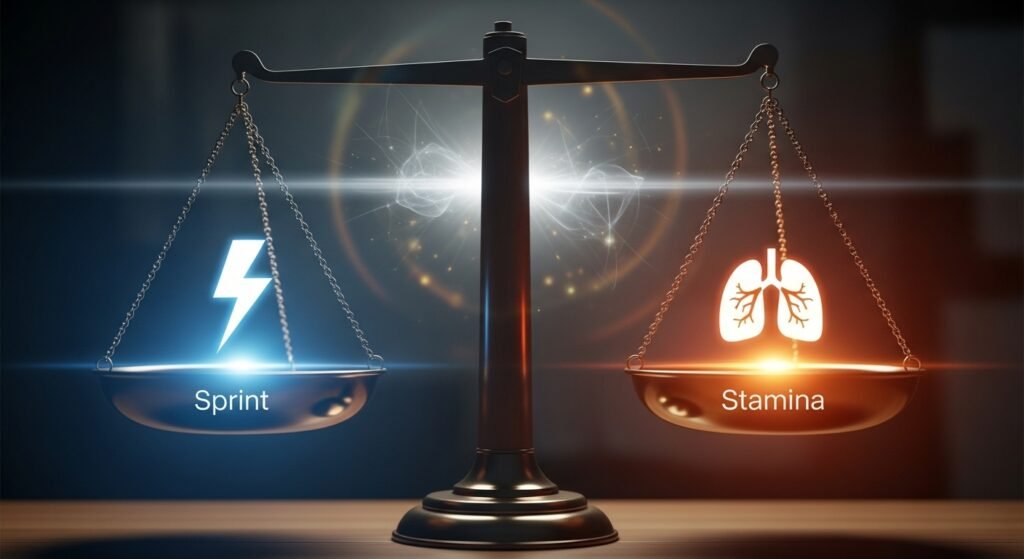 An image of a balance scale. On one side is a glowing icon of a lightning bolt labeled "Sprint." On the other side is a glowing icon of a heart/lung labeled "Stamina." The scale is shown being brought into perfect balance, symbolizing the player's realization.