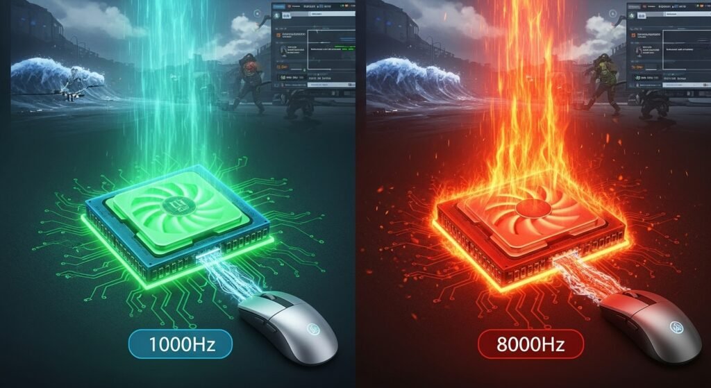A visual of a computer's CPU. On the left, a cool, green CPU easily handles a game and a small data stream from a mouse labeled "1000Hz." On the right, a stressed, red, overheating CPU struggles to handle the same game plus a massive data stream from a mouse labeled "8000Hz."