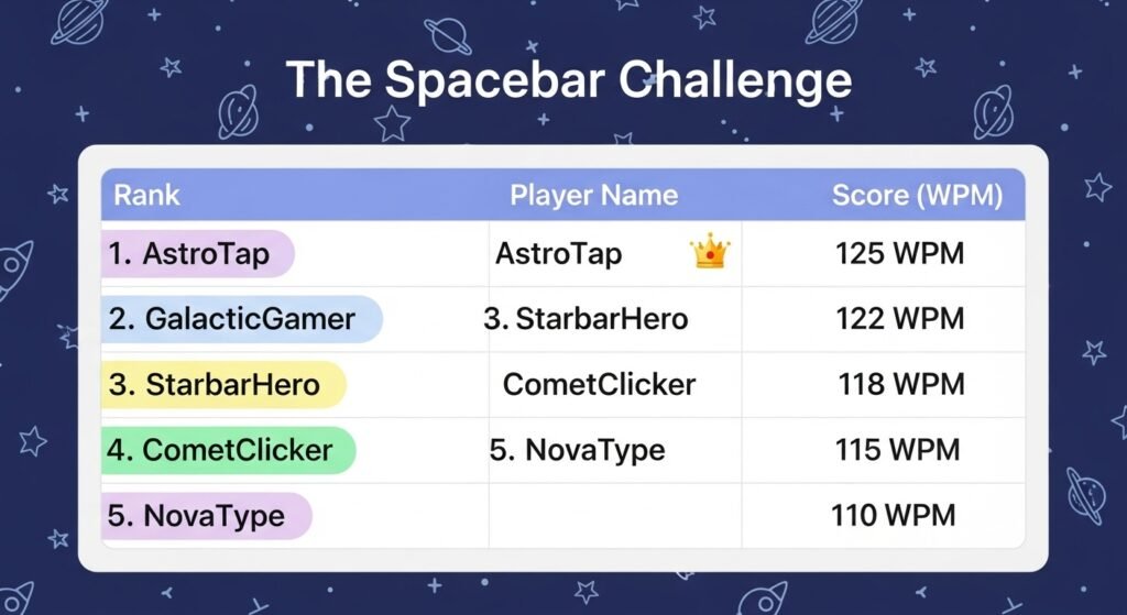 A cheerful graphic of a shared digital leaderboard (like a Google Sheet or Discord chat screenshot) showing competitive names and high scores for The Spacebar Challenge. Include a small trophy or crown icon next to the top score.
