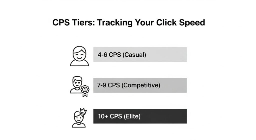 A simple infographic/bar chart showing the three CPS tiers: 4-6 CPS (Casual), 7-9 CPS (Competitive), 10+ CPS (Elite). Use simple icons to represent the different skill levels.