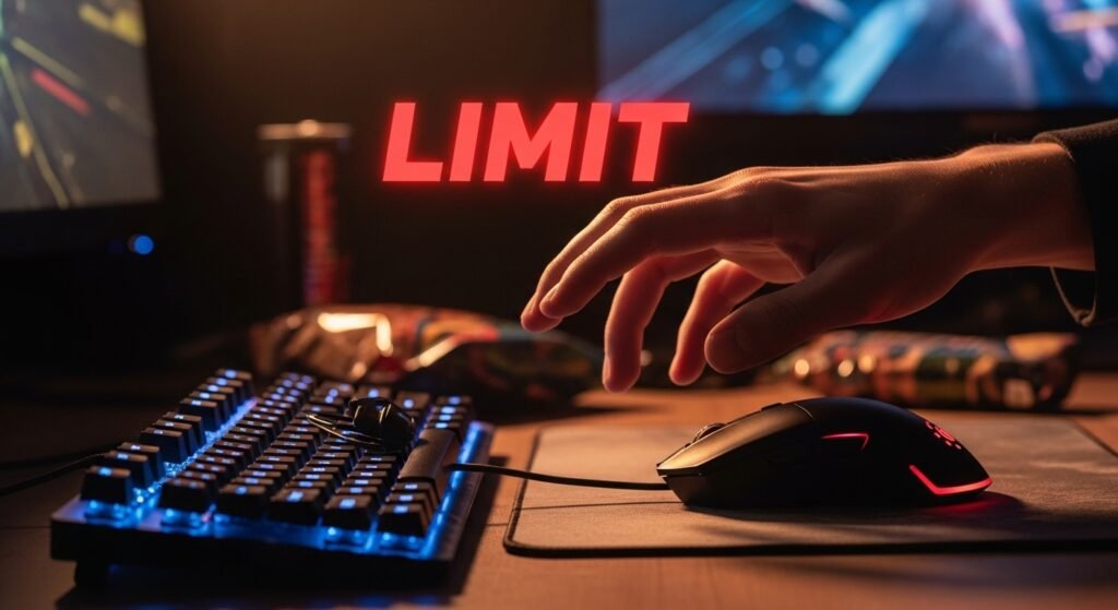 A dramatic image of a gamer's hand having just flown off the edge of a tiny mousepad, slamming into their keyboard during a fast turn. The image has a red "LIMIT" warning overlay.