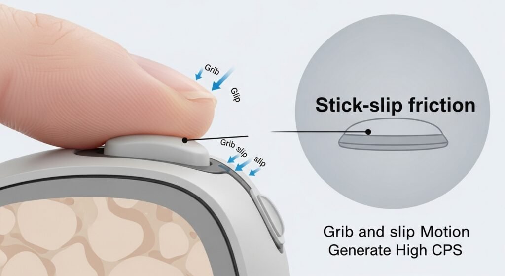A clean, scientific diagram showing a highly magnified cross-section of a fingertip and a mouse button. Show the principle of 'stick-slip friction' with small, stylized arrows indicating the rapid 'grip and slip' motion that activates the switch to generate high CPS.