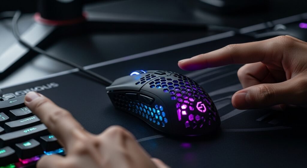 A hero shot of the Glorious Model O 2 on a gamer's desk, with two fingers resting on the main buttons in a butterfly-clicking position. The honeycomb shell is glowing softly.