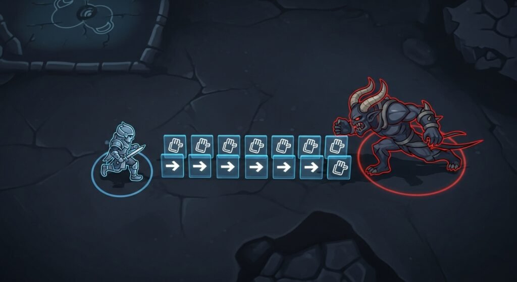 A graphic representation of a character kiting. Show a character icon moving away from an enemy, with small, rapid right-click icons appearing on the ground, illustrating the move commands needed for constant attack-move cycles.