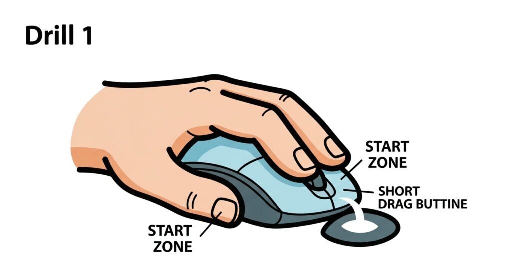 A stylized graphic of a hand holding a mouse, with a visible "start zone" and a "short drag" zone on the mouse button, representing Drill 1. Use simple, bold colors for clarity.