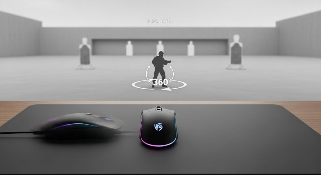A visual of the "Full Sweep" Test in an FPS practice range. Show a mouse moving from the far left of the mousepad to the far right, with a character icon in the game turning exactly 360 degrees.