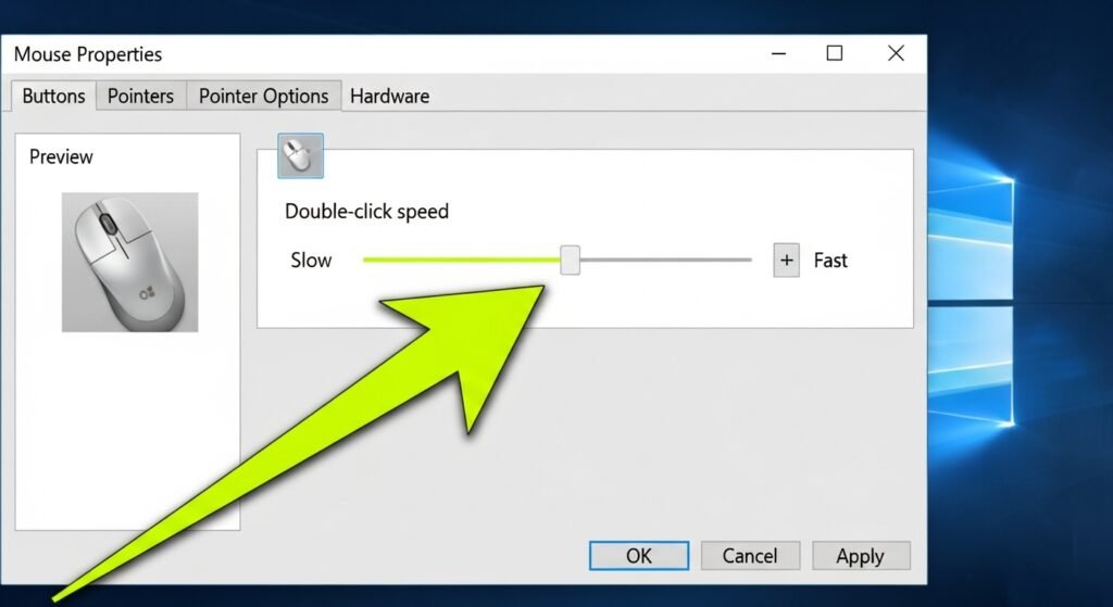 An image of the Windows "Mouse Properties" window, with a bright yellow arrow pointing directly at the "Double-click speed" slider, clearly showing it being adjusted.