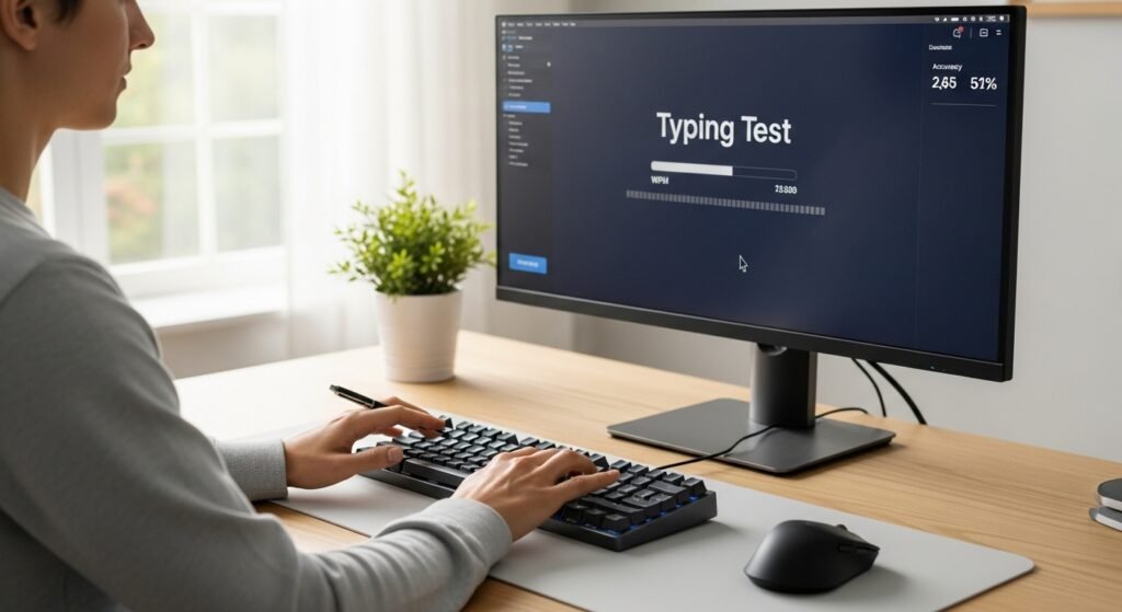 A serene image of a person sitting at a clean, ergonomic desk setup. They are focused on a computer screen displaying a typing test interface, with their hands positioned perfectly over the keyboard in the home row position.