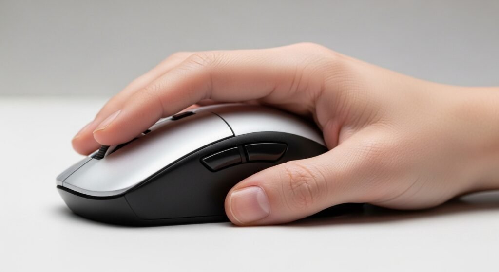 An image showing a hand on a mouse with a visible gap between the palm and the mouse body. The only points of contact are the fingertips on the buttons and sides.