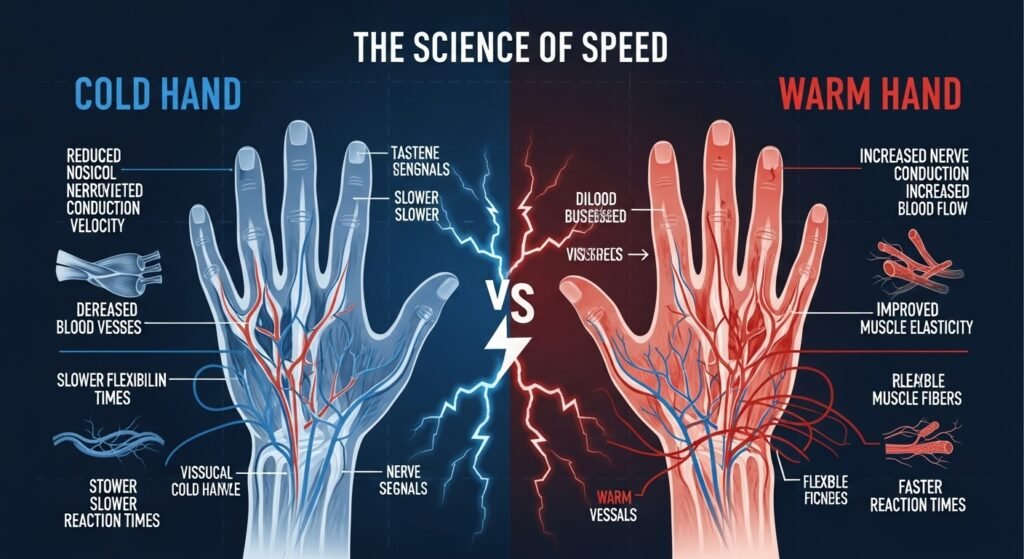 The Science of Speed: A technical infographic comparing a "cold" hand vs. a "warm" hand. The "cold" hand is blue-tinted with constricted muscles. The "warm" hand is red-tinted, showing increased blood flow and relaxed, flexible muscle fibers.