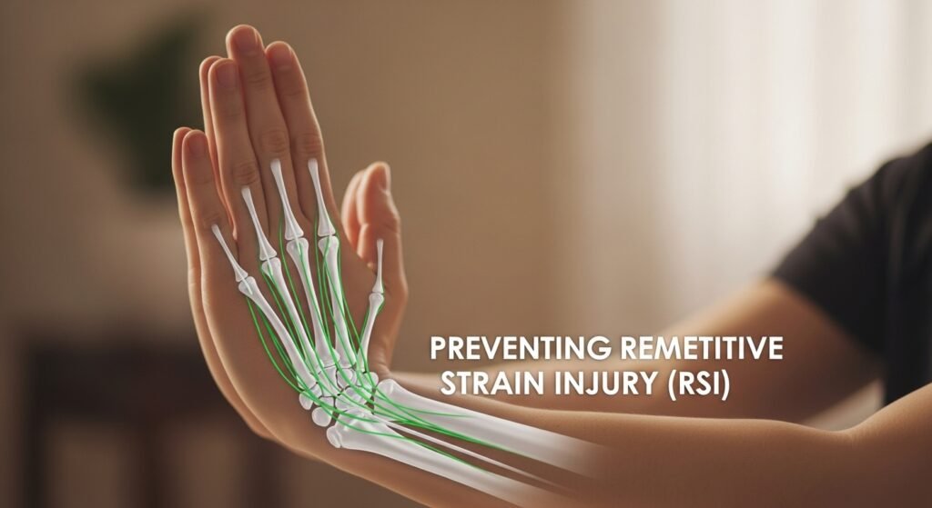 A soft-focus, health-oriented image of a hand performing the Prayer Stretch, with a medical graphic highlighting the tendons in the wrist and forearm, underscoring the importance of preventing Repetitive Strain Injury (RSI).