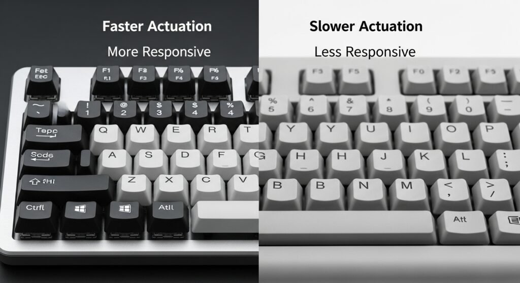A split image showing a high-end mechanical keyboard (clean, crisp keys) next to a standard membrane keyboard (soft, dull keys). Use simple text overlays to explain why the mechanical switch is better for high CPS scores.