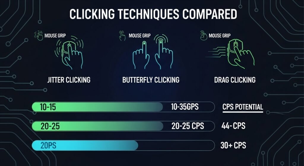 A futuristic, stylized infographic comparing the Jitter Clicking technique against Butterfly Clicking and Drag Clicking, using small icons to represent the different grips and a bar chart graphic for CPS potential.