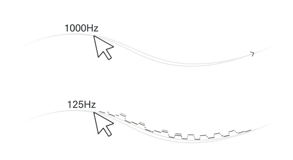 A simple, clean infographic comparing two cursors moving across a screen. The top cursor, labeled "1000Hz," follows a perfectly smooth, curved path. The bottom cursor, labeled "125Hz," follows the same path but moves in a series of small, visible steps or jumps.