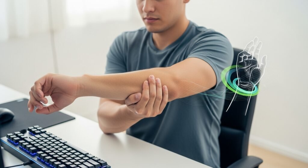 : A calm, high-key image of a gamer performing one of the essential wrist stretches (e.g., wrist extensor stretch) with a small, stylized graphic of a relaxed, healthy wrist next to them. Focus on proper form and a professional, health-conscious look.