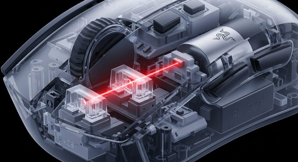 An x-ray style image of the Razer Viper V3 Pro, highlighting the internal optical switch. A beam of light inside the switch is clearly visible, showing how it registers a click without physical contact.
