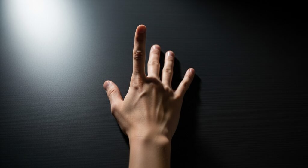 A top-down photo of a hand flat on a dark desk surface. The index finger is lifted high, while the other four fingers and palm remain perfectly flat, emphasizing finger independence.