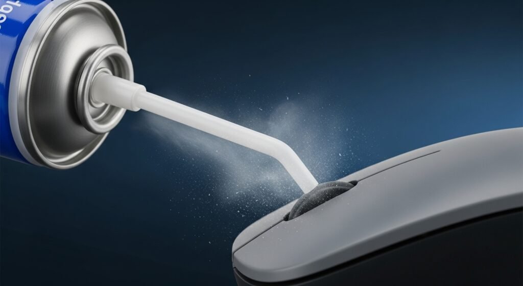 A dynamic photo of a can of compressed air with the nozzle straw aimed at the crevice of a mouse button, with a visible puff of air dislodging dust particles.