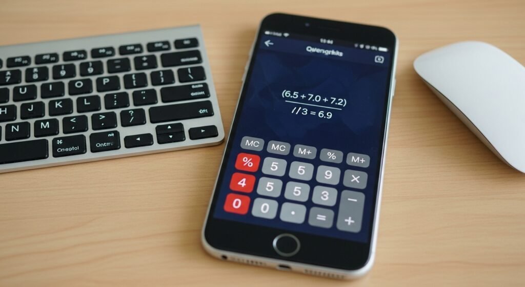 An image of a smartphone's calculator app open on a desk. The calculation (6.5 + 7.0 + 7.2) / 3 = 6.9 is visible on the screen, with a mouse and keyboard next to it.