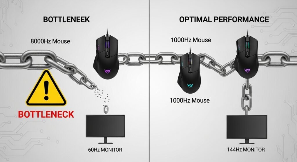 An infographic showing a chain connecting a mouse to a monitor. One chain shows a strong link (8000Hz mouse) connected to a very weak link (60Hz monitor), with a "Bottleneck" warning. Another shows two strong, balanced links (1000Hz mouse to 144Hz monitor) labeled "Optimal Performance."