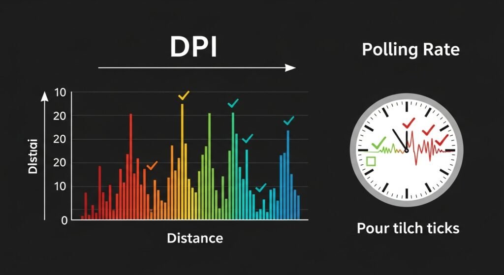 A graphic illustrating the difference between DPI and Polling Rate. DPI shown as distance, Polling Rate shown as rapid check marks or clock ticks.
