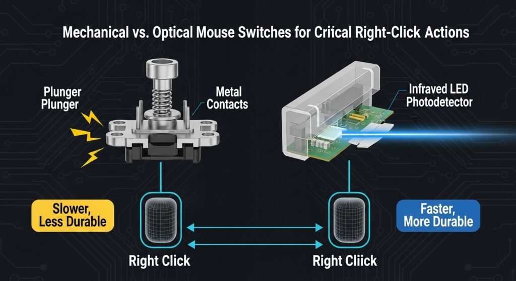 A side-by-side graphic of a traditional mechanical mouse switch and a modern optical mouse switch. Use light beam graphics to illustrate the speed and durability advantage of the optical switch for critical right-click actions.