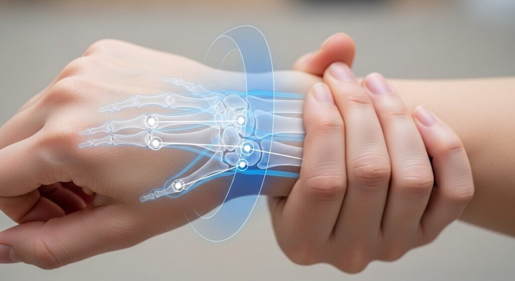 A simple, calming image of a hand performing the Wrist Circles stretch, with a subtle medical graphic highlighting the wrist joint and surrounding tendons. Focus on a clean, health-conscious look.