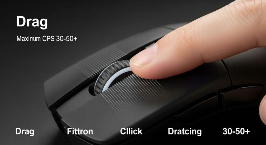 A triptych graphic visually representing the "Big Three" techniques. Panel 1: Jitter (forearm vibration lines). Panel 2: Butterfly (two fingers drumming). Panel 3: Drag (friction lines on a mouse button). Each panel should have its respective maximum CPS range listed.