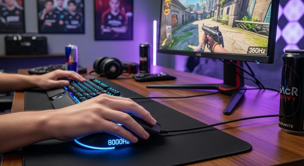 A high-tech image of a professional esports player at their desk. The focus is on their mouse, which has a glowing "8000Hz" label, and their monitor, which clearly shows a "360Hz" sticker, emphasizing the high-end hardware required.
