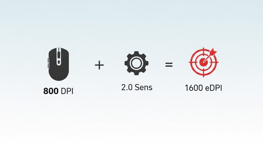 A clean, minimalist infographic showing the formula: a mouse icon with "800 DPI" + a settings gear icon with "2.0 Sens" = a target icon with "1600 eDPI."