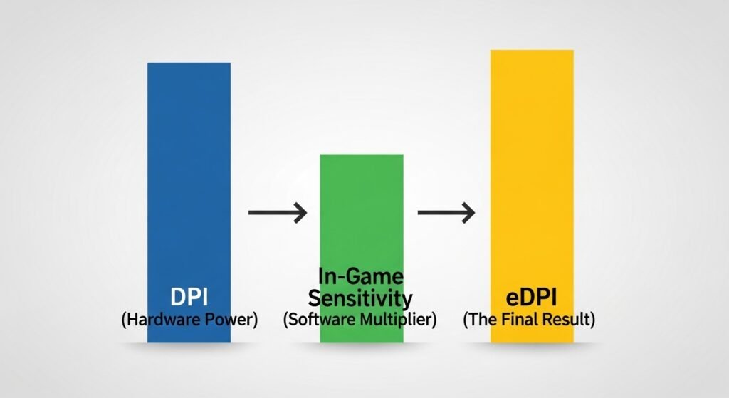 A simple, illustrative infographic showing three bars labeled: DPI (Hardware Power), In-Game Sensitivity (Software Multiplier), and eDPI (The Final Result). Use arrows to clearly show the relationship between the three.