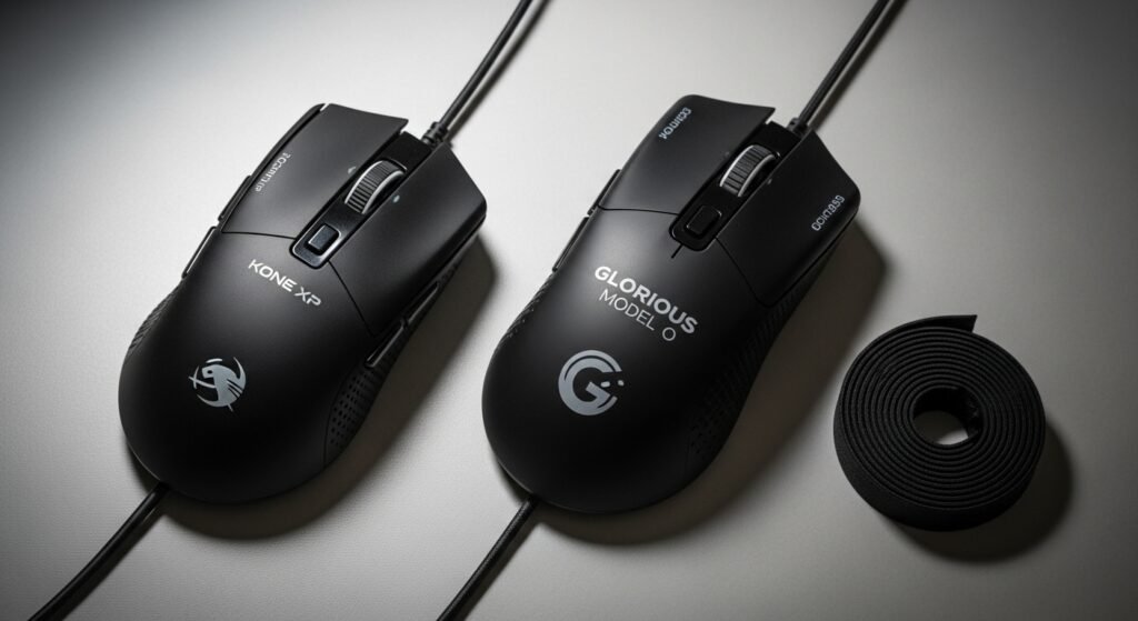 A visually appealing flat-lay photo of a few recommended drag clicking mice (e.g., Roccat Kone, Glorious Model O) side-by-side with a small roll of mouse grip tape. Highlight the matte texture on the mouse surface.