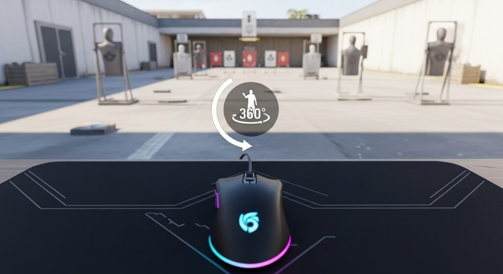 A visual of the "Full Sweep" Test in an FPS practice range. Show a mouse moving from the far left of the mousepad to the far right, with a character icon in the game turning exactly 360 degrees.